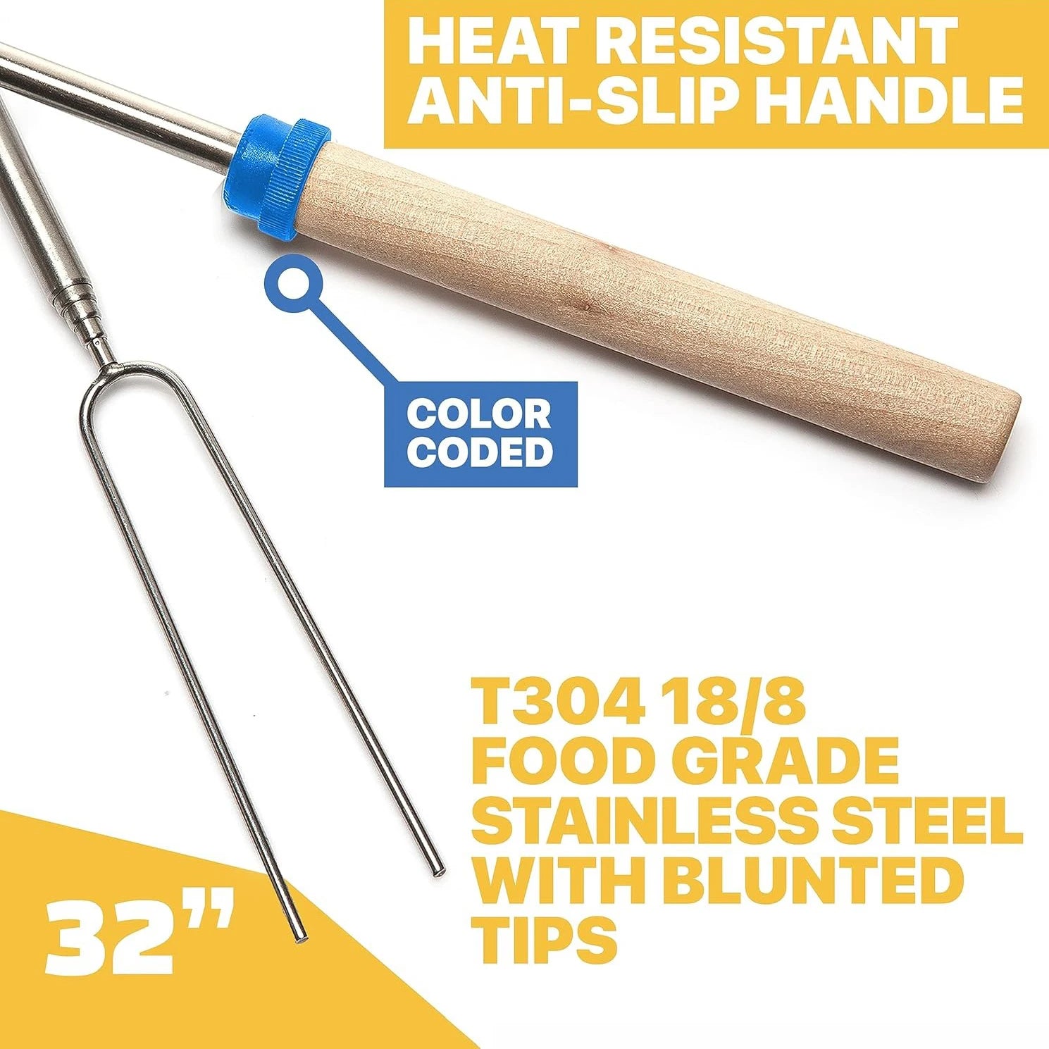 Telescoping s'mores roasting stick with a heat-resistant handle and T304 18/8 food-grade stainless steel prongs. Ideal for safe and durable outdoor cooking.