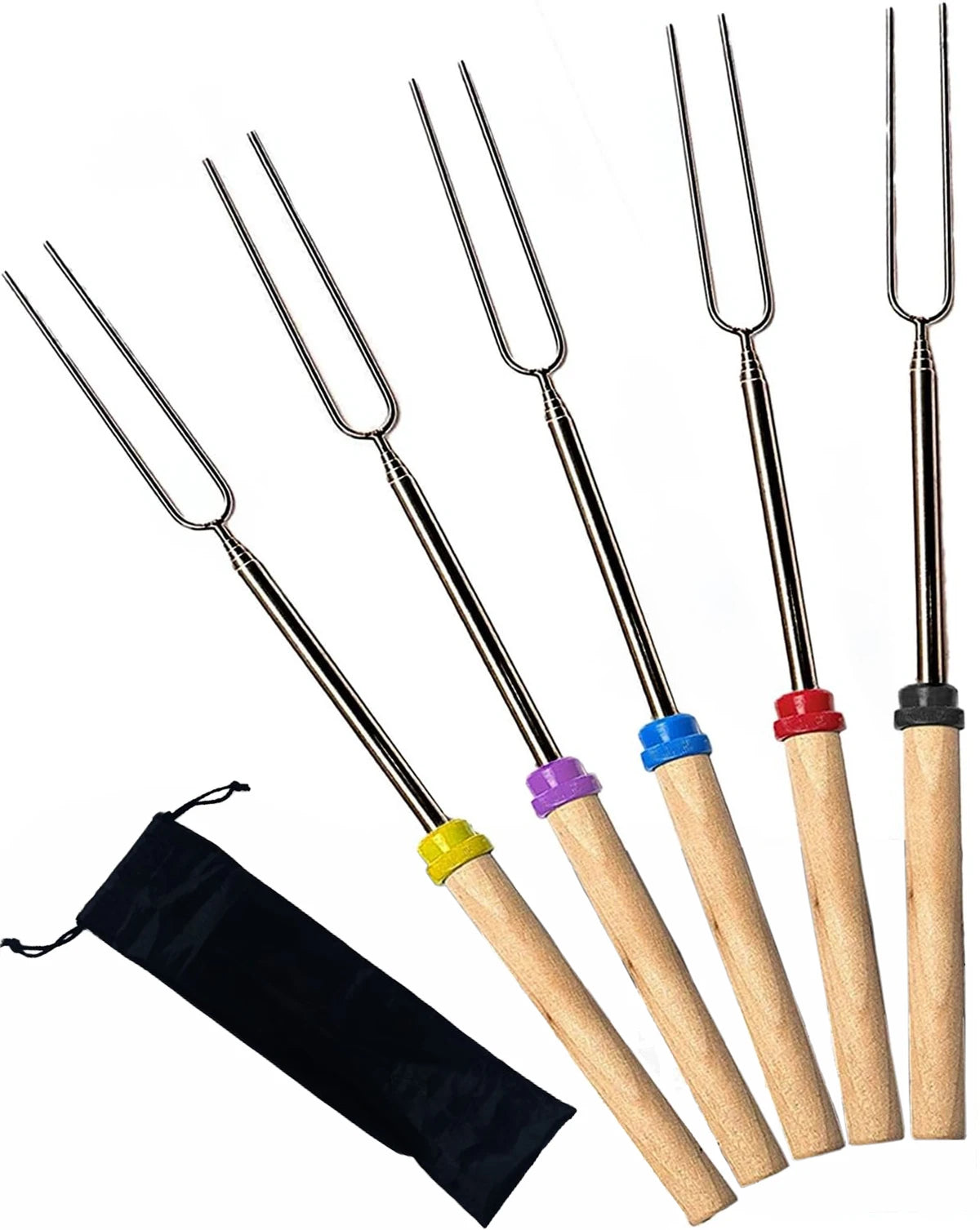 Telescoping s'mores roasting sticks with two prongs, neatly arranged in a protective case. Perfect for camping and outdoor adventures.