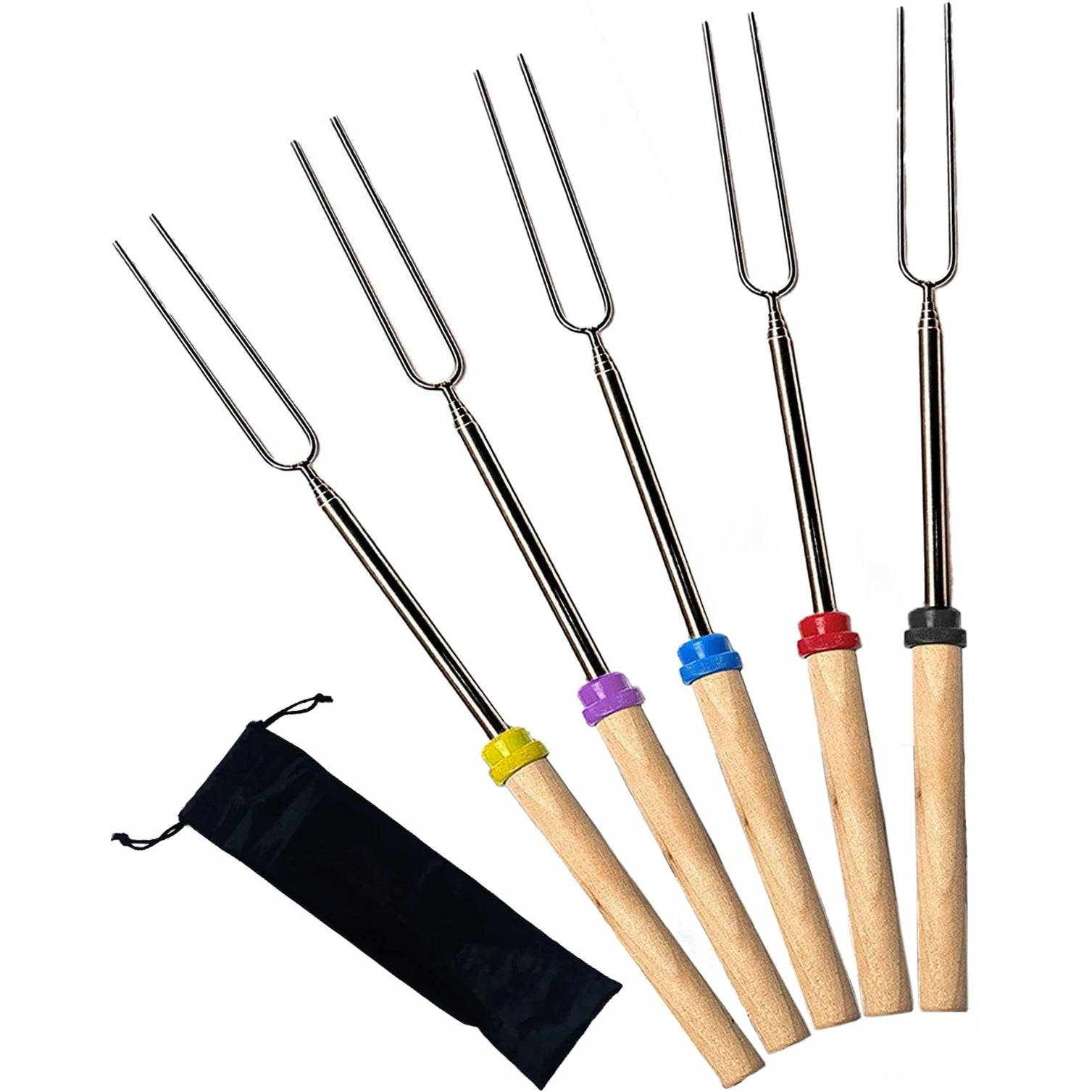 Telescoping s'mores roasting sticks with two prongs, neatly arranged in a protective case. Perfect for camping and outdoor adventures.